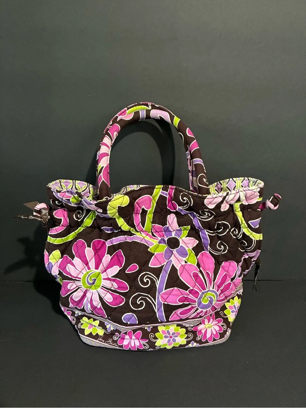 Vera Bradley Brown Floral Drawstring Satchel with Pink & Green Accents